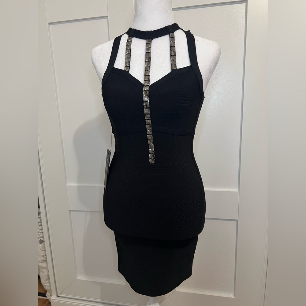 GUESS BY MARCIANO 🆕 NWT caged black  bandage mini dress with beaded neck